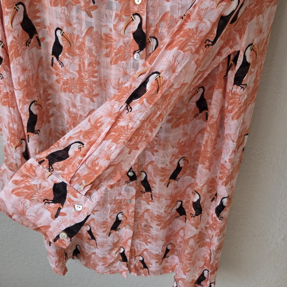 Jane Delancey Tunic Shirt Dress Size M Orange Tropical Tucans Bird Print Resort - Picture 8 of 16